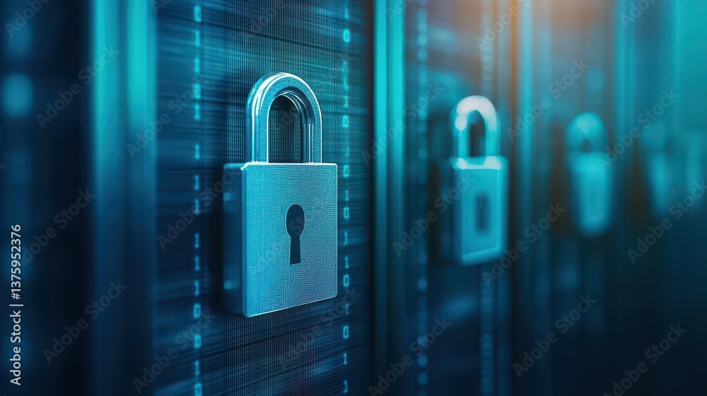 Poster Secure padlock on a server rack representing data protection and cybersecurity in modern technology infrastructure