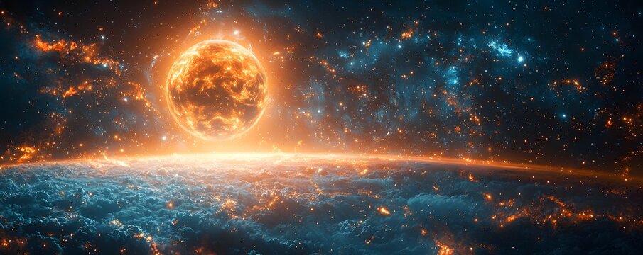 Planet Earth glowing within a cosmic dreamcatcher of celestial threads