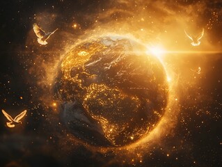 Obraz premium Glowing Planet Earth Surrounded by Radiant Doves