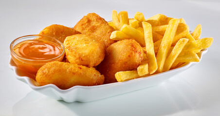 Chicken Nuggets mit Dip und Pommes in Pommesschale, Snack, fastfood, isoliert, Hähnchen, Chicken, 
