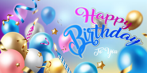 bright balloons,birthday candles and celebration gold ribbons and stars flying glittering background.modern and creative happy birthday celebration background vector illustration.
