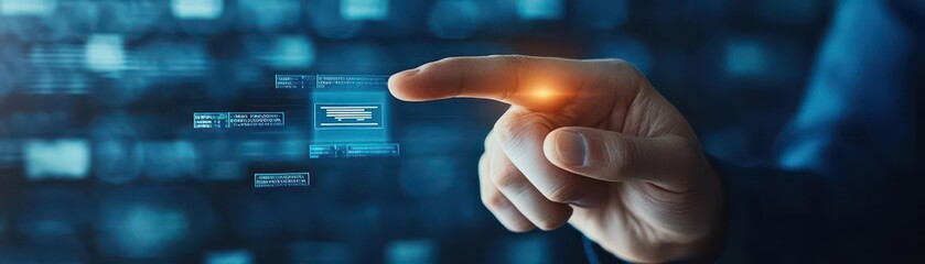 Finger touching a virtual interface indicating interaction with technology in a futuristic and innovative setting