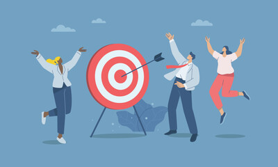 Business concept of achieving goal. Business team jumping for joy, Arrow hitting target successfully, Career success, Corporate business success, Flat vector design illustration.