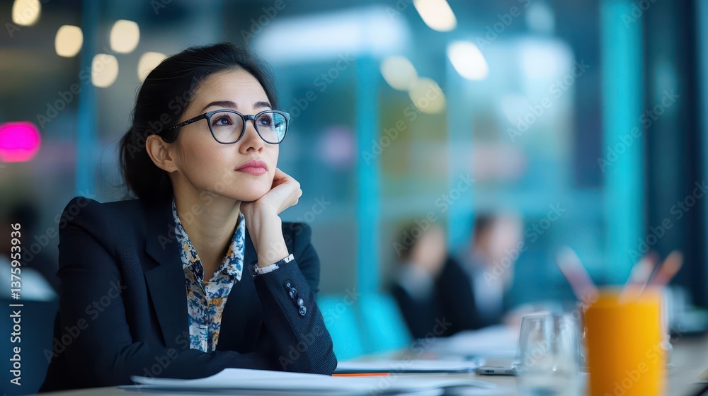Poster professional woman in a business setting engaged in work activities with technology and office envir