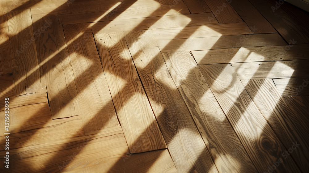 Poster Wooden texture table surface top view with sunlight beams and shadows copy space mock up