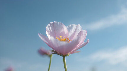 Beautiful pink flower blooming under clear blue sky during sunny day in garden setting