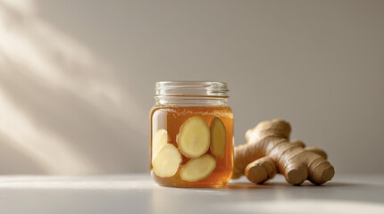 Ginger infusion in a jar with fresh ginger root on a table illuminated by natural light