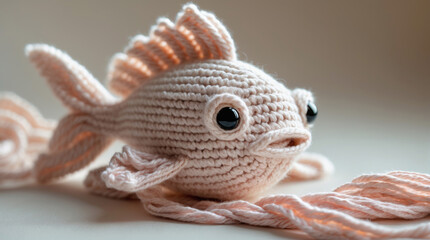 Obraz premium Crochet fish toy crafted with soft yarn, featuring large eyes and delicate fins, ideal for children's playtime and decor