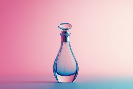 An elegant glass perfume bottle against a soft gradient background