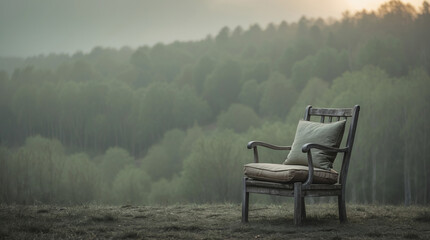Fototapeta premium Lonely wooden chair with cushion in serene landscape during dawn overlooking a green forest