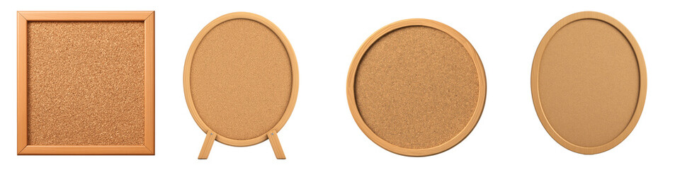 Fototapeta premium Collection of cork boards showcasing a range of shapes and styles, including square and round designs. Ideal for organizing, planning, and displaying notes or photos.