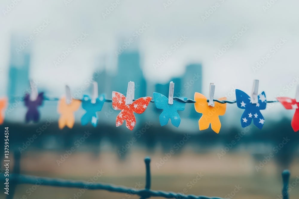 Poster Vibrant string of colorful paper butterflies displaying creativity and craftsmanship in a whimsical decor setting