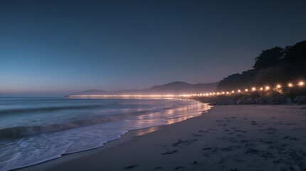 Sunset at a serene beach with lights illuminating the shoreline and waves gently lapping at the sand
