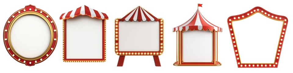 Vector illustration of five blank frames with carnival themes, each featuring unique designs resembling circus tents and fairground signs. Ideal for festive, decorative projects.