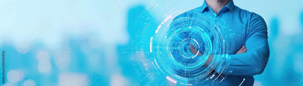 Poster Confident man with arms crossed in front of a futuristic digital circle background representing technology and innovation