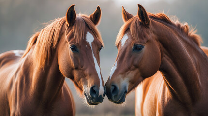 Fototapeta premium Horses mingling in a serene pasture during a calm morning at sunrise near a tranquil forest
