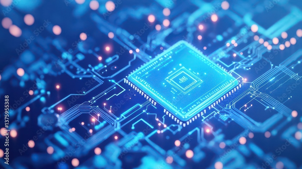 Poster detailed circuit board with blue and pink background creating a visual contrast in modern electronic