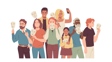 People group with social masks. Angry, sad persons holding fake smiling faces standing, character negative emotion, psychological problem, cartoon flat style isolated tidy vector concept