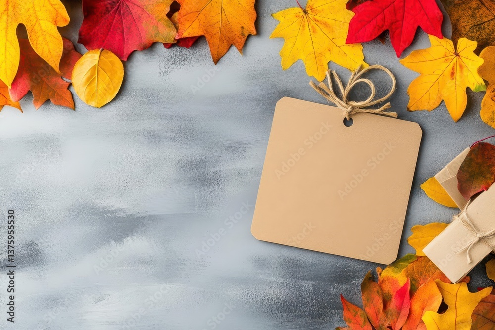 Poster A blank tag resting on a bed of colorful autumn leaves creating a perfect space for personalization and messages