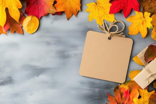 A blank tag resting on a bed of colorful autumn leaves creating a perfect space for personalization and messages