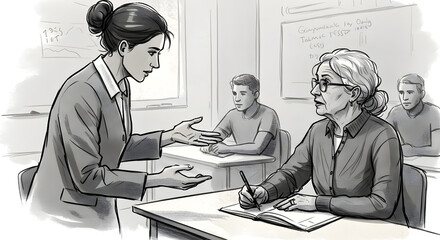 Helpful Young Teacher Talking with a Senior Woman, Helping to Find a Solution for a Test Course Assignment. Multiethnic Women and Men of Different Age Acquiring New Academic Skills in Classroom