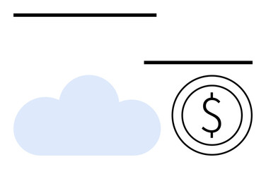 Simple blue cloud next to dollar coin with horizontal lines. Ideal for finance, cloud storage, technology, online transactions, data security, digital economy, fintech. Flat simple metaphor