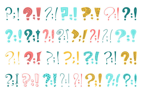 Colorful doodle punctuation marks. Question, exclamation marks, dots and commas, hand drawn isolated decorative elements, sketch bright design, expressive icons, classy vector simple set