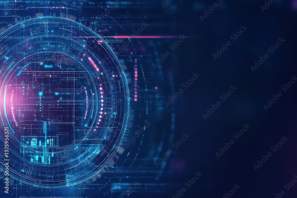 Poster Futuristic digital circuit board design with a circle of blue and pink lights creating a stunning visual display