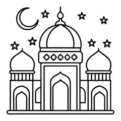 Black and White Mosque With Crescent Moon and Stars for Coloring