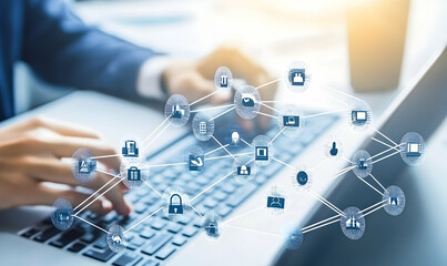 Person using laptop, digital network connecting icons representing business, technology, and communication.  Modern workplace concept.