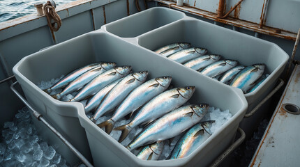 Fototapeta premium Fresh catch of the day displayed in insulated containers on a fishing vessel at sea