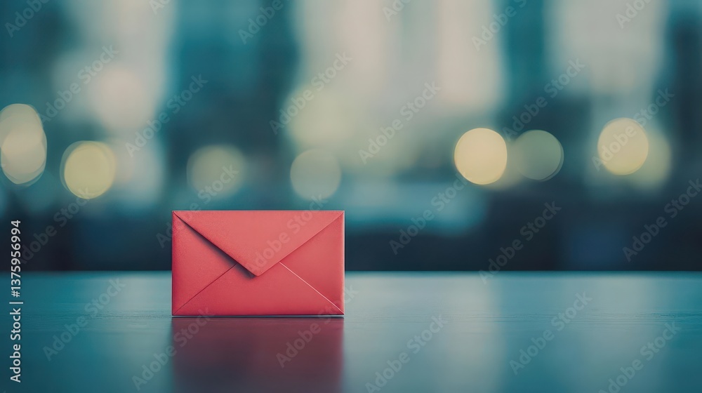 Poster Bold red envelope resting on a wooden table surface with natural lighting highlighting its texture and color features