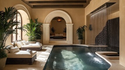 Fototapeta premium An indoor pool area featuring plants and a soothing waterfall feature
