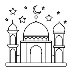 Black and White Mosque With Crescent Moon and Stars for Coloring