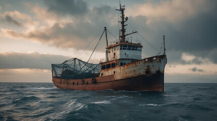 Obraz premium Rusty fishing boat floats on calm waters under an overcast sky during dusk near a coastal area