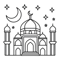 Black and White Mosque With Crescent Moon and Stars for Coloring