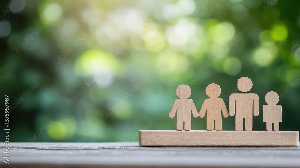 Poster a charming wooden family figurine set displayed on a rustic table representing togetherness and natu