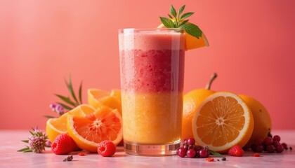 A tall glass containing a layered smoothie is displayed among a variety of fruits. The smoothie is composed of yellow, red, and pink layers. An orange segment and mint leaves adorn the glass