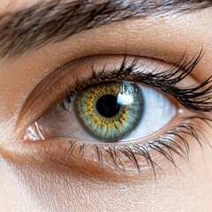 Beautiful close-up of a woman's eye featuring a bright green iris and captivating gaze