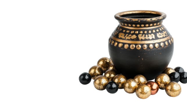 Decorative vase, gold beads, black background, object art, treasure, cut out transparent - Powered by Adobe