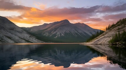 Calm Lake Reflecting Rocky Mountains and Sunset Sky
