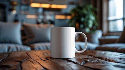 Elegant white mug mockup on coffee table