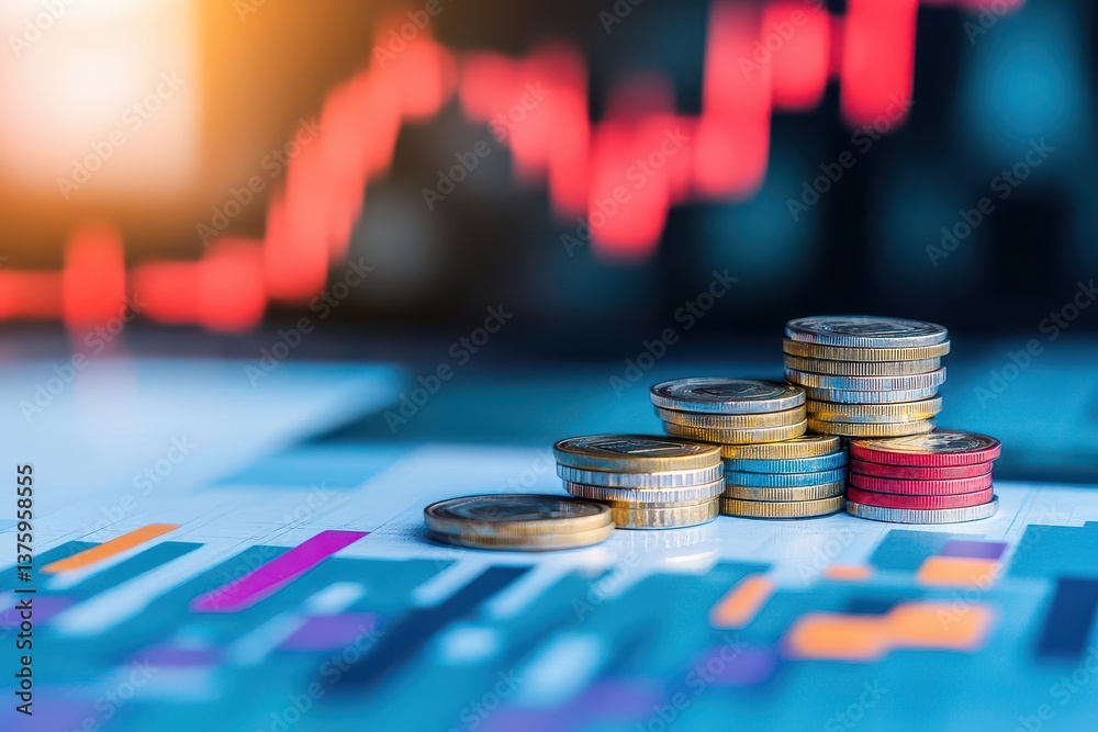 Poster Close-up view of various coins on a table with a financial chart and graph in the background illustrating economic patterns