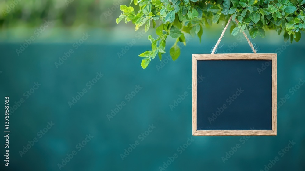 Aufkleber chalkboard hanging from a tree branch surrounded by lush green leaves in a serene outdoor setting