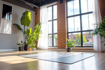 Yoga practice space urban studio interior design bright environment natural light wellness concept