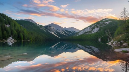 Serene Landscape with Lake Mirroring Majestic Mountains at Sunset