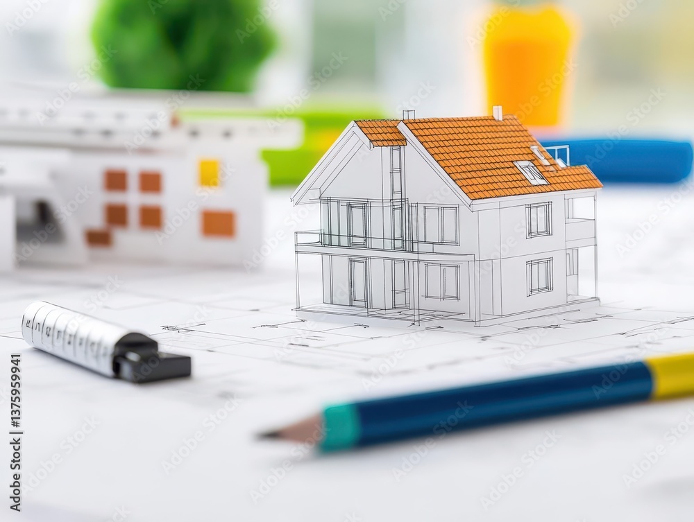 Poster A model house positioned on top of a detailed blueprint signifying architectural planning and home design