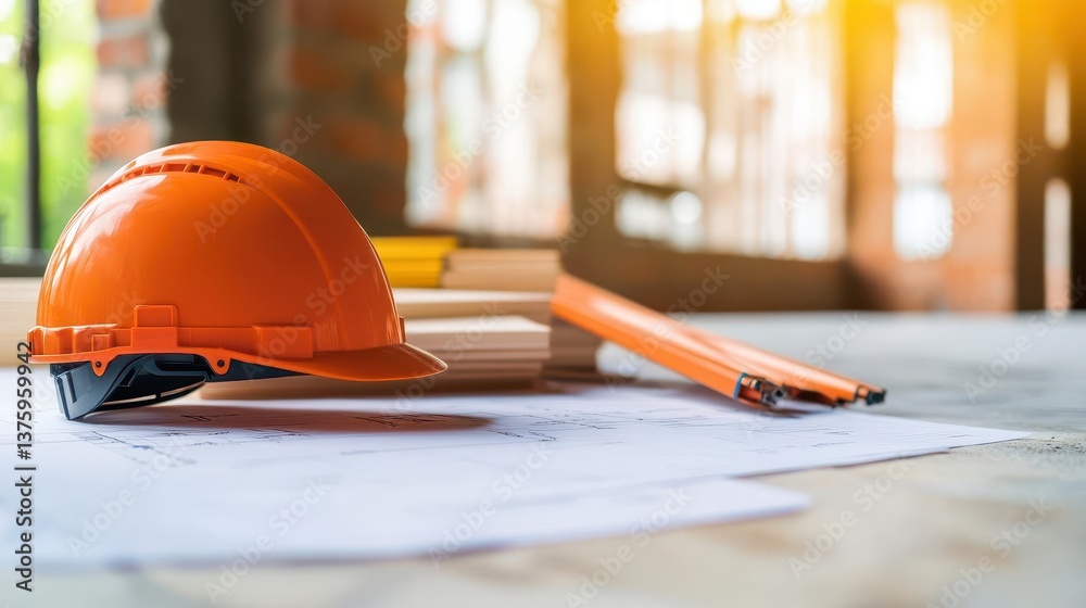 Poster A hard hat placed on top of a detailed blueprint representing construction and engineering projects