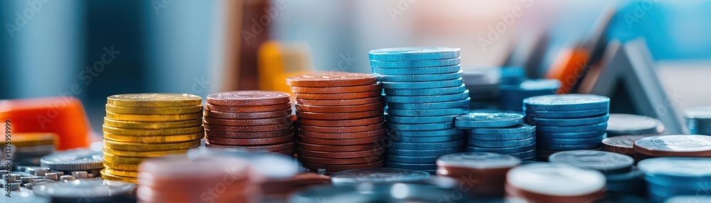 Poster A collection of various coins stacked neatly on a table representing currency and economic value