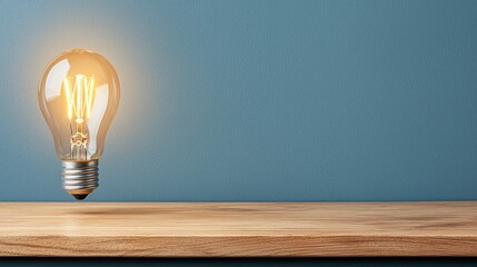 Glowing Lightbulb on Wooden Shelf Against Blue Gray Wall